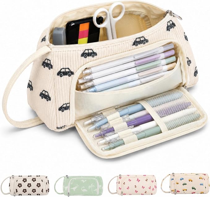 Big Capacity Pencil case,Soft Corduroy Pencil Bag with 3 Compartment Pouch Bag for School Supplies Office for Teen Girls Boys Women Man (Black Car)