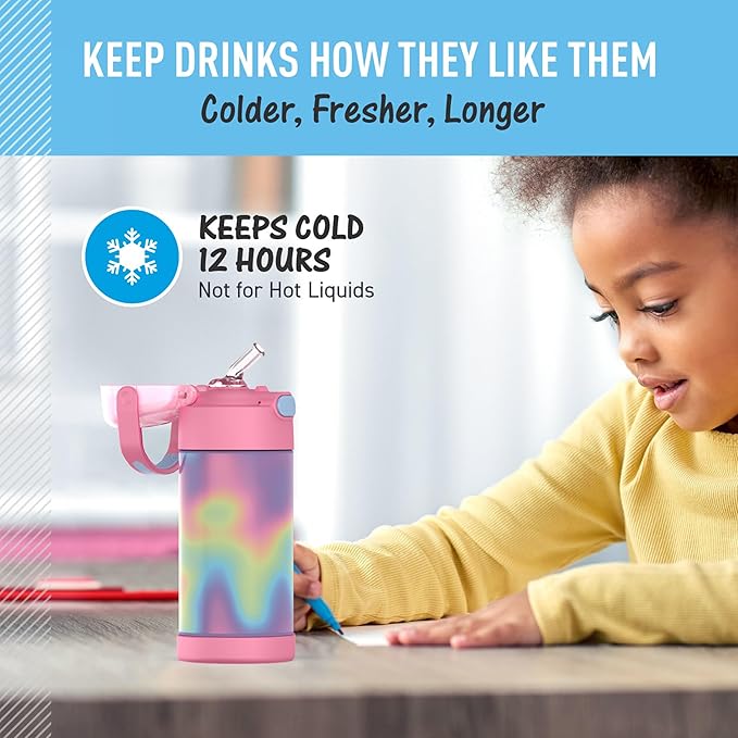THERMOS FUNTAINER Water Bottle with Straw - 12 Ounce - Kids Stainless Steel Vacuum Insulated Water Bottle with Lid, Rainbow Cloud