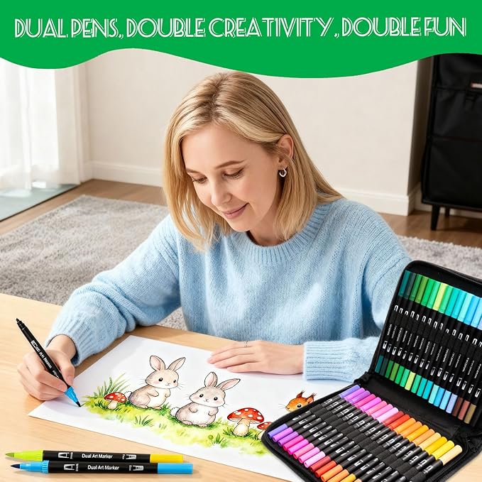 Coloring Markers for Adults/Teens/Kids, Dual Tip (Brush/Fine Point) Art Marker No Bleed/Non Bleeding, Gel Acrylic Paint Pen Set for Coloring Books,Sketching,Drawing,Rock Painting,Journaling. 36 Colors