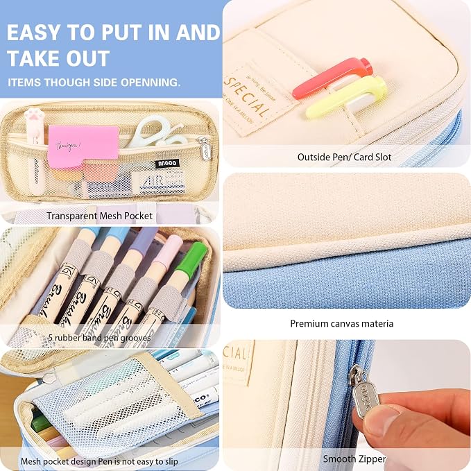 MAMUNU Large Capacity Pencil Case, Expandable Stationery Bag with Zipper Compartments, Aesthetic Pencil Case Pouch for Office College School Students Teen Girls Boys