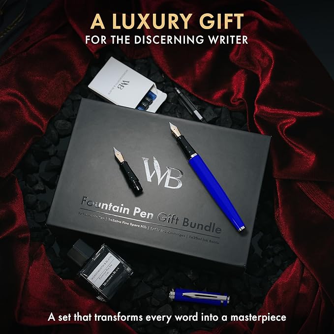 Wordsworth & Black Fountain Pen Set,18K Gilded Medium and Extra Fine Nib,25ML Black Ink Bottle,6 Ink Cartridges,Refill Converter,Gift Box,Smooth Writing Pens [Blue Chrome],Gift Set for Men and Women
