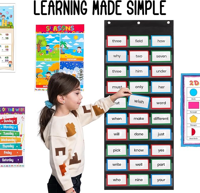 Essex Wares - 17" Wide x 44" Tall Pocket Chart, Black - Sturdy Pocket Chart for Classroom for Sentence Strips - Easy to Use & Hang, Reusable Black Pocket Chart