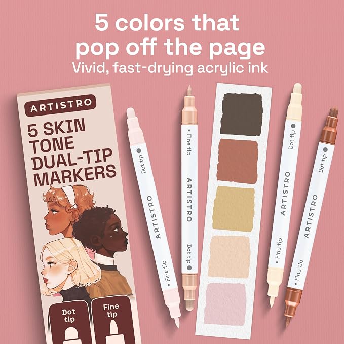 ARTISTRO 5 Skin Tones Dual-Tip Acrylic Paint Markers – Paint Pens Set with Dot & Fine Tips for Fabric, Rock, Glass, Wood, Coloring Books – Arts & Crafts Gift – Classroom Must Haves & School Supplies