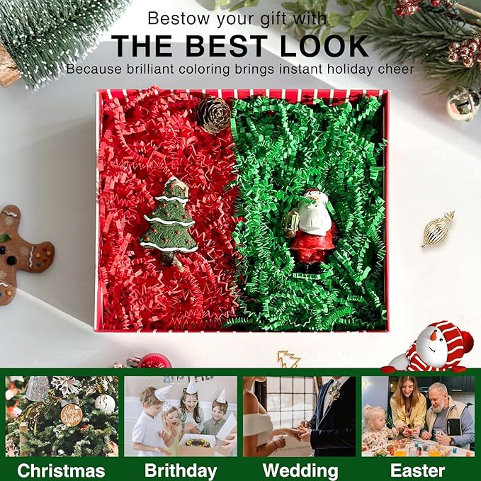 Corlcol1LB Crinkle Paper Shred Filler for Gift Box Bag and Basket On Holidays(Red&Green)