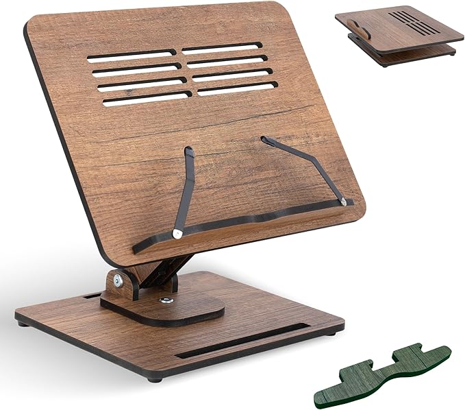 Vigo Wood Book Stand for Reading 360° Adjustable, Wooden Laptop Stand, Cookbooks Holder, Music Scores, Featuring Multi-Height Angles and Foldable Design with Page Clips.