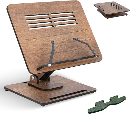 Vigo Wood Book Stand for Reading 360° Adjustable, Wooden Laptop Stand, Cookbooks Holder, Music Scores, Featuring Multi-Height Angles and Foldable Design with Page Clips.