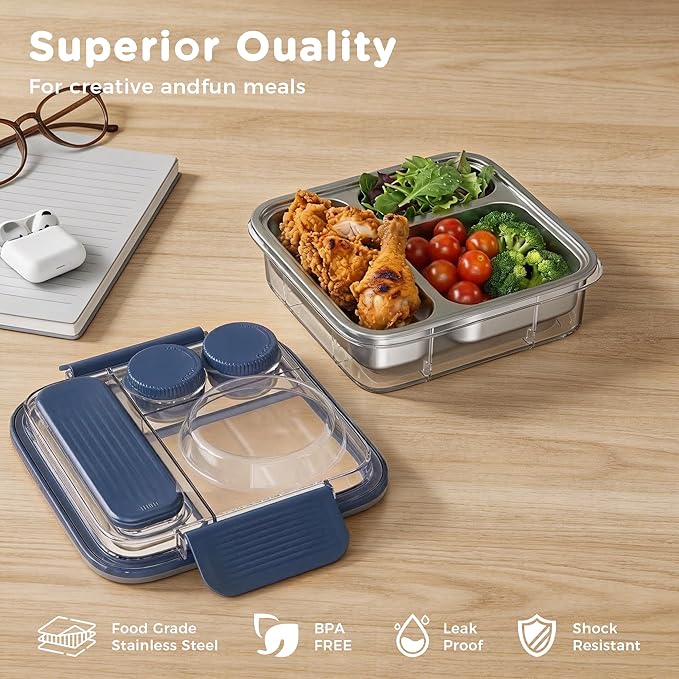 Stainless Steel Bento Lunch Box for Kids Adults with 8oz Insulated Food Jar, Leak-proof, Dishwasher-Safe, Transparent Lid with Sauce Cup and Cutlery Storage for School & Travel,BPA-Free(Blue)