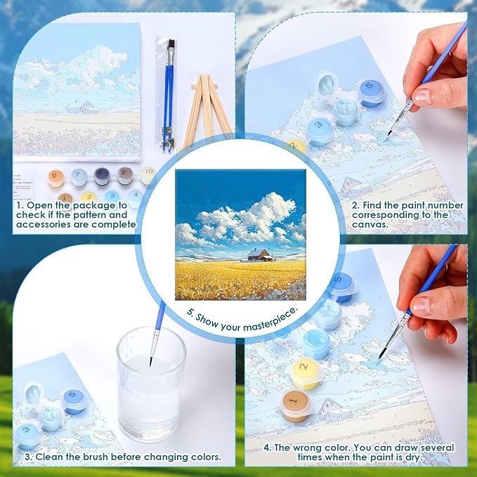 RoundFunny 8 Set Paint by Numbers Kit for Adults with 8x8 Inch Mini Simple Painting Canvas Wooden Frame Easel Acrylic Paints Brushes Funny Numbers Drawing Kit for Gift Home Wall Decor(Landscapes)