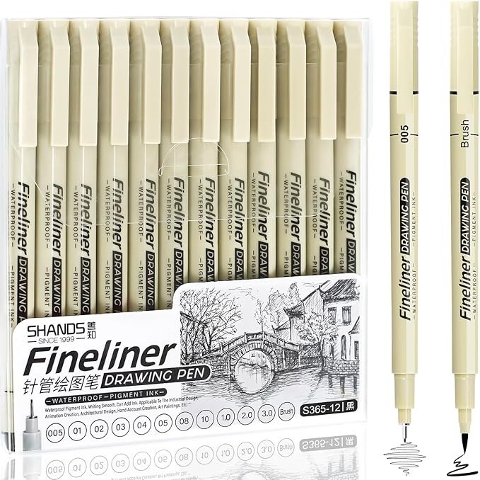 Micro Fineliner Black Drawing Pens,12 Waterproof Watercolor Painting Art Supplies Adults Anime Gifts Artist Fine Line Marker Archival Ink Micron Set Sketch Outline Manga Sketching Zentangle Teen Stuff