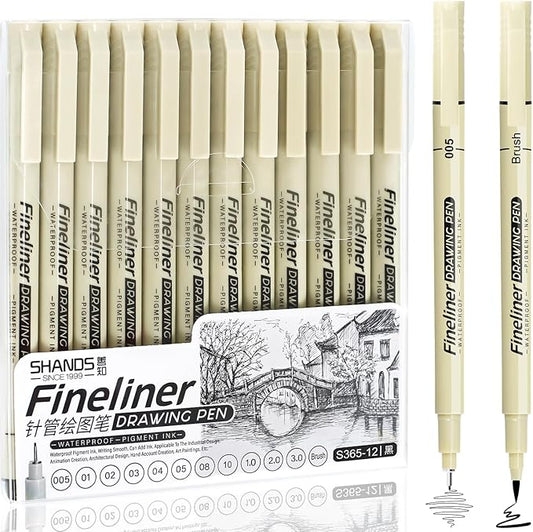Micro Fineliner Black Drawing Pens,12 Waterproof Watercolor Painting Art Supplies Adults Anime Gifts Artist Fine Line Marker Archival Ink Micron Set Sketch Outline Manga Sketching Zentangle Teen Stuff