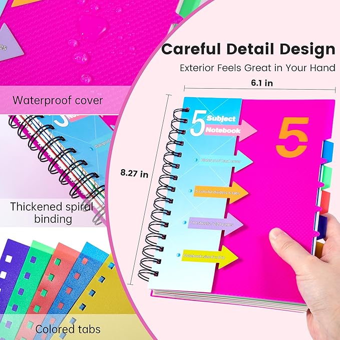 CAGIE 5 Subject Notebook, A5 Small Spiral Notebook with Removable Pocket Dividers Tabs, 240 Pages Spiral Note Book College Ruled for School Work Note taking, 6.1 * 8.27in, Rose Pink