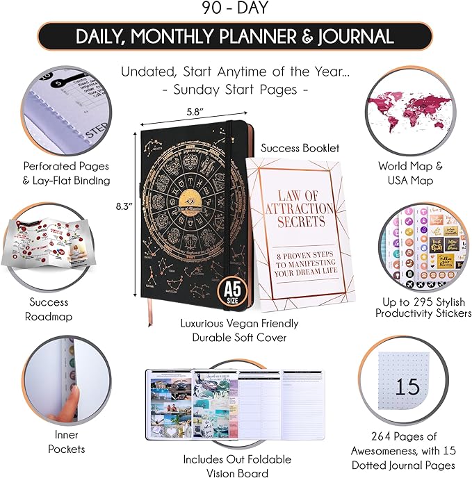 Manifestation Journal for Women and Men — 5 Minute Manifesting and Goals Journal | 3 Month Undated Daily Planner | Law of Attraction Planner, Affirmations, Gratitude | Vision Board + Stickers