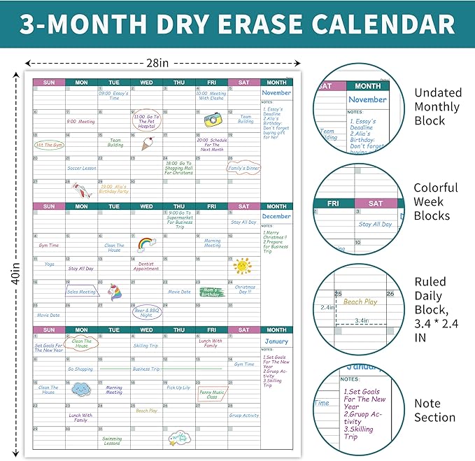 Large Dry Erase Calendar for Wall - Undated 3 Month Wall Calendar, 28" x 40"(Vertical), Wall Calendar Dry Erase for Home, Office, Classroom