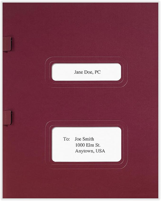 Tax Presentation Folder, Double Windows, Burgundy, One Pocket, Side-Staples, 8-7/8" x 11-3/8", Pack of 100