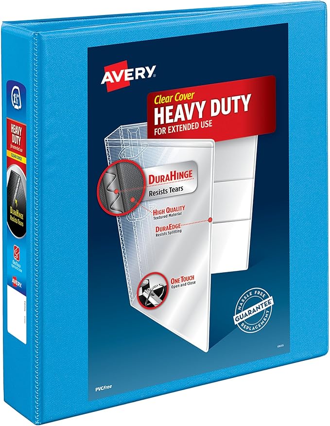 Avery Heavy-Duty View 3 Ring Binder, 1.5" One Touch Slant Rings, Holds 8.5" x 11" Paper, 1 Light Blue Binder (05401) (Pack of 12)