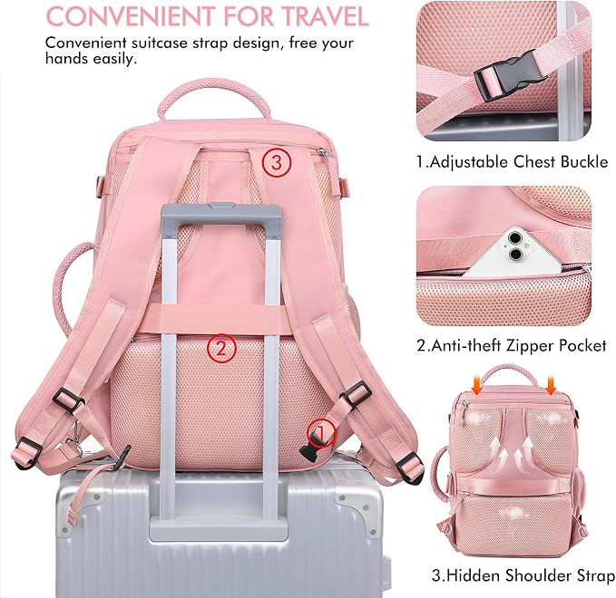 Beraliy Travel Backpack for Women, Airline Approved Bag, Carry On Waterproof Hiking Backpack, 16 inch Laptop Backpack, Overnight Bag, Pink | 16 Inch Laptop Waterproof Hiking Backpack, Casual Outdoor Daypack Bag for College Weenkender Business, Pink