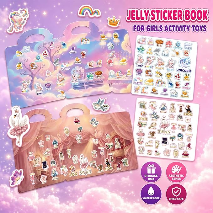 4 Sets Reusable Sticker Books for Girls Ages 3-6, Jelly Sticker Book Toddler 2-4,Ballet Unicorn Mermaid Doll Waterproof Travel Activity Toys Kids 3 4 5 6