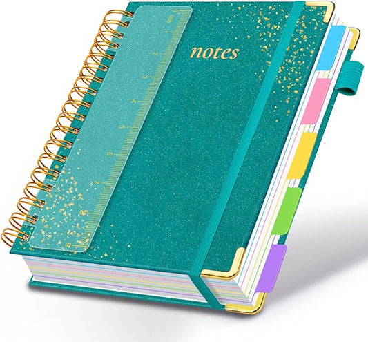Hardcover Spiral Notebook with Removable Dividers & Tabs, 8"x10" 5 Subject Notebooks for Work, 300 Pages College Ruled Notebook, B5 Sparkle Lined Journal for Women Girls Note-Taking (Cyan)