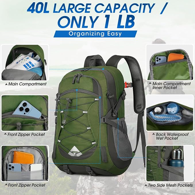IGOLUMON Hiking Backpack 40L Packable Lightweight Camping Daypack Men Women | Multi-compartment storage Water-resistant Foldable Nylon Material Hiking Day pack for Camping Cycling Outdoor