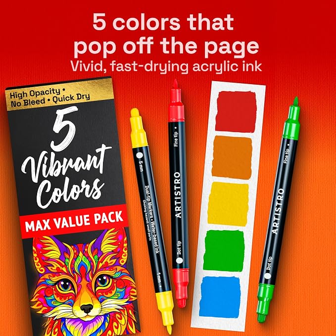 ARTISTRO 5 Precision Dual-Tip Acrylic Paint Markers – Paint Pens Set with Dot & Fine Tips for Fabric, Rock, Glass, Wood, Coloring Books – Arts & Crafts Gift – Classroom Must Haves & School Supplies