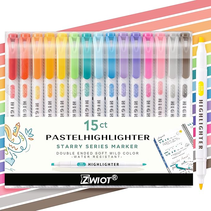 15 Count Dual-Tip Highlighters, Pastel Colors Fine & Bold Tip, Quick-Dry Non-Bleeding Highlighter Markers for Bible Journaling,School,Office,Notes (15 colors highlighters - Iridescent Color)