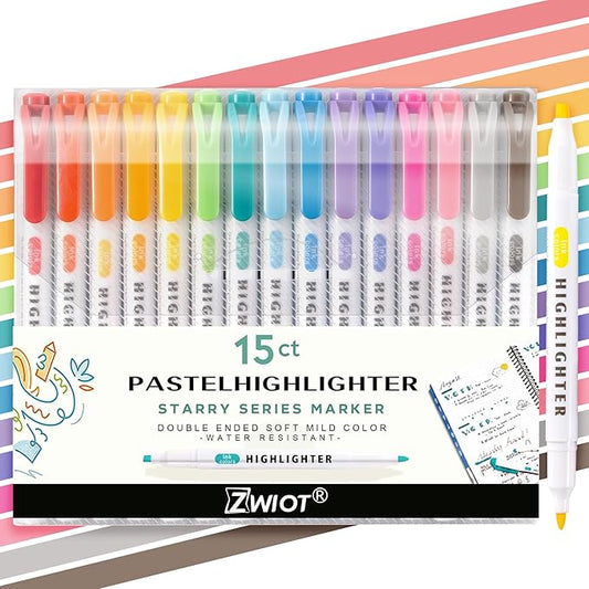 15 Count Dual-Tip Highlighters, Pastel Colors Fine & Bold Tip, Quick-Dry Non-Bleeding Highlighter Markers for Bible Journaling,School,Office,Notes (15 colors highlighters - Iridescent Color)