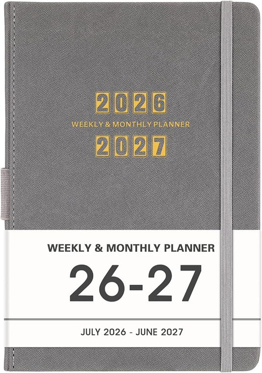 Planner 2026-2027 - 2026-2027 Planner Weekly and Monthly, Jul. 2026 - Jun. 2027, 5.75" x 8.25", Leather Planners with Thick Paper, Hardcover, Pen Loop, Back Pocket with Notes Pages - Grey