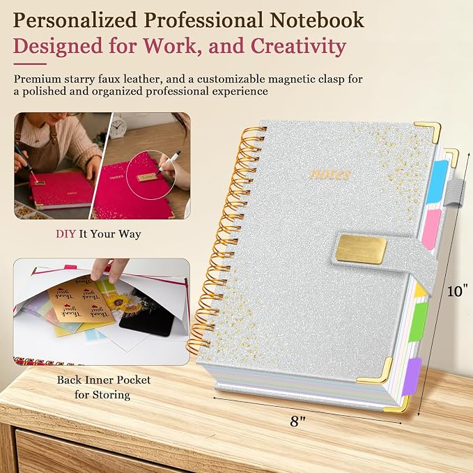Spiral Notebook Journal 8''x 10'' 5 Subject Notebook with Dividers, 300 Pages Notebook College Ruled with Magnetic Closure, B5 Tabbed Notebooks for Work School, Sparkle Journal for Women (Silver)