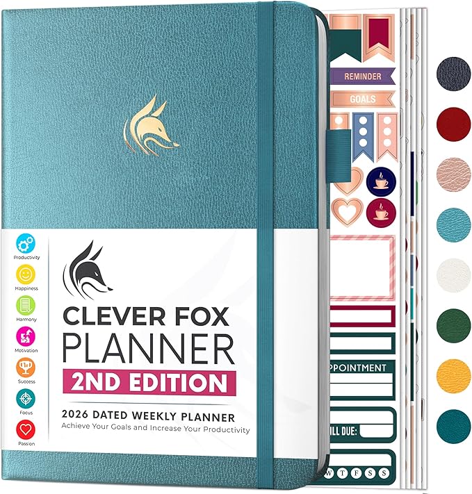 Clever Fox Planner 2nd Edition Dated Jan 2026-Jan 2027 – Colorful Weekly & Monthly Goal Setting Planner, Habit Trackers, Time Management and Productivity Organizer, Gratitude Journal, A5 (Aquamarine)