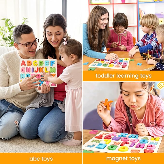 LovesTown Wooden Alphabet Puzzle, ABC Learning Board Build Pre-Reading Skills with Letter Blocks, Matching Games Toys for Daycare Homeschool Kids