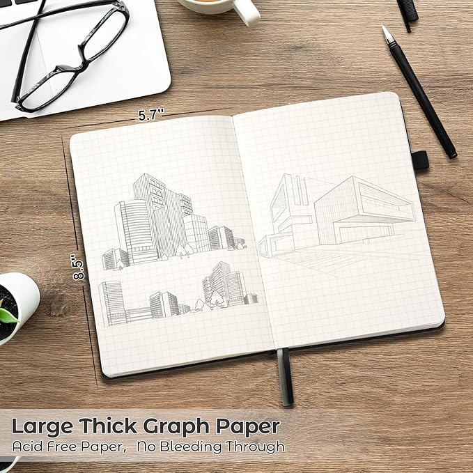 Graph Paper Notebook, Hardcover Notebook, Grid Notebook Journal for Women, Men, Large Leather Journals for Writing, Thick Paper, A5 Notebooks for Work, School Supplies, Engineering, 5.7"x8.5", Black