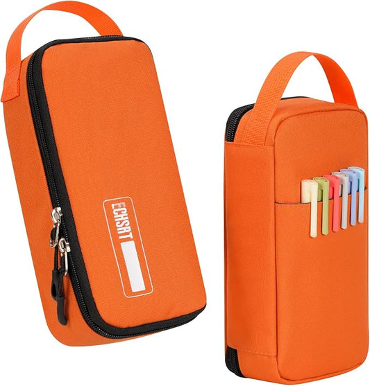 ECHSRT Large Capacity Pencil Case with Hidden Pocket, 1200D Oxford Fabric Zipper Pencil Pouch with Handle, Multi-Pocket Stationery Organizer for Office, College, Travel and Daily Carry, Orange