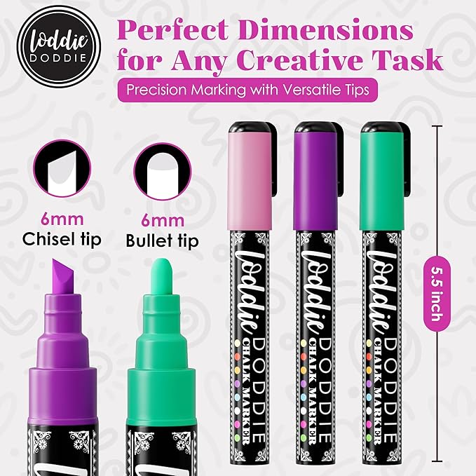Loddie Doddie Chalk Markers - Pack of 16, Reversible 6mm Tips - Vibrant Chalkboard Designs with Chalkboard Markers - Easy Erase on Glass & Whiteboards with Dry Erase Pen