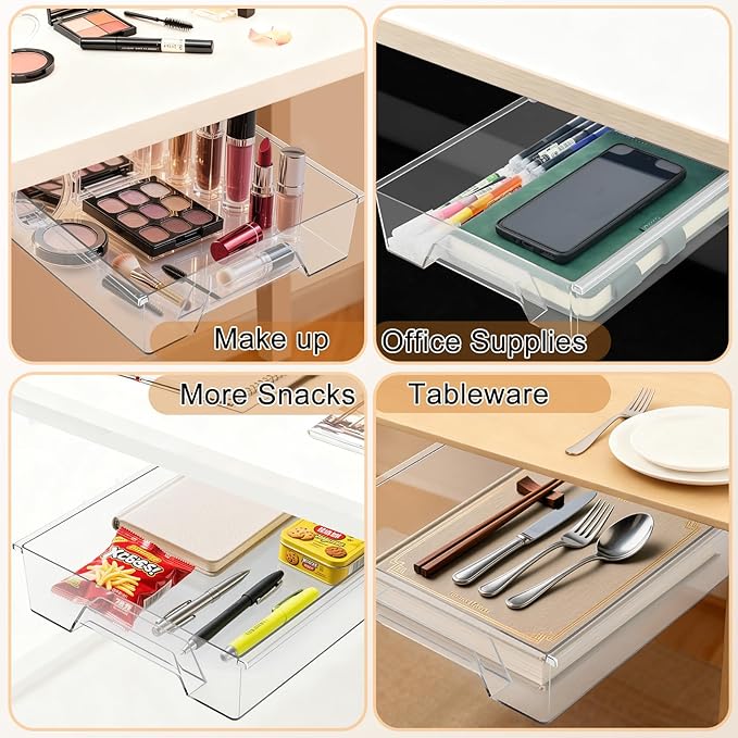 2 Pack Under Desk Drawer Organizer, Self Adhesive Hidden Drawer Storage, Slide Out Desk Organizer, Space Saving Pencil & Accessories Organizer, Under Table Storage for Home Office & School, Clear