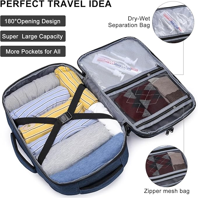 Asenlin Travel Backpack for Women Men,Flight Approved Carry On Luggage 40L Water Resistant Business Laptop Backpacks Fits TSA 17.3 Inch Computer College Weekender Outdoor Hiking-Blue