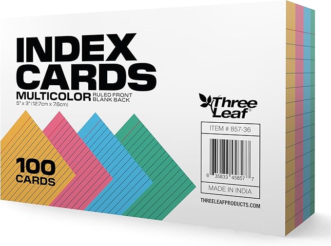 THREE LEAF 3 X 5, INDEX CARD RULED, 100 CT. COLORED, Ruled Flash Cards, Study Card, Memo Pad, For To-Do List, Art And Craft Projects
