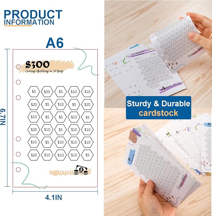 Laminated Money Savings Challenge Trackers for 6-Ring A6 Binders,Reusable cash Savings Tracker sheets,multiple budget cards for savings journey planner(15pcs)