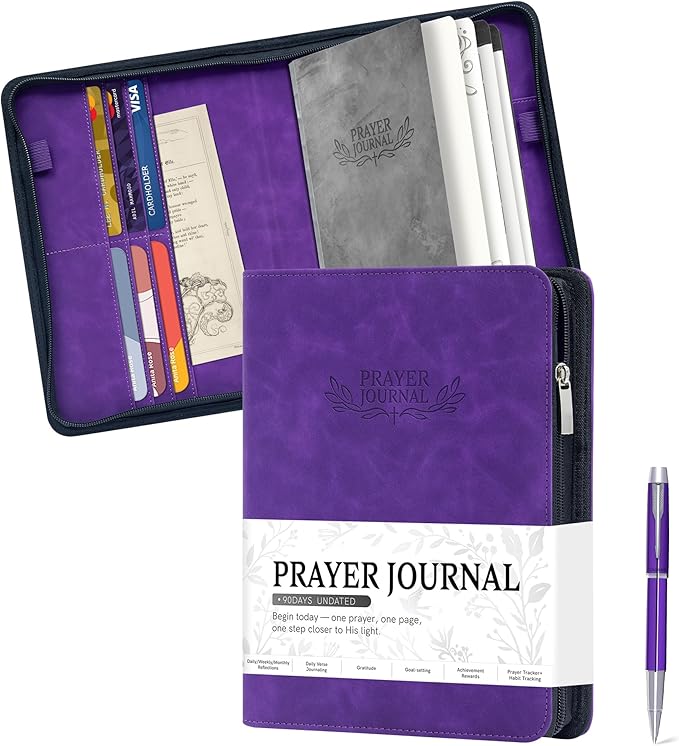 Ospelelf Purple Leather Prayer Journal with Zipper, A5 Travel Size Scripture Study Notebook with Inner Pockets for Stickers & Cards, Daily Devotional Planner for Women Men, Religious Christian Gift, Undated 3 Months