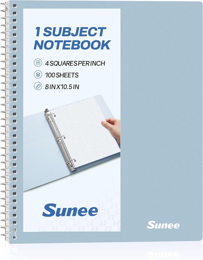 SUNEE Spiral Notebook, 1-Subject, Graph Ruled Paper, 8" x 10-1/2", 100 Sheets per Notebook, 3-Hole Punched Paper, Water Resistant Cover, Spiral Grid Notebooks for Work, Home, School, Grey Blue