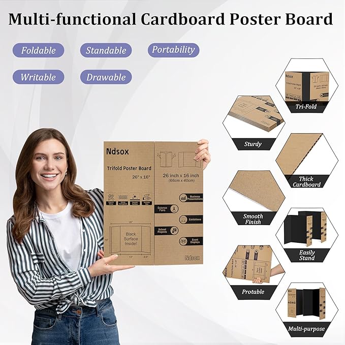 Ndsox 4 Pack 26" x 16" Black Trifold Poster Board Small Size Corrugated Cardboard Science Fair Display Boards for School Projects, Business Presentations, Event Displays, and Art Exhibitions