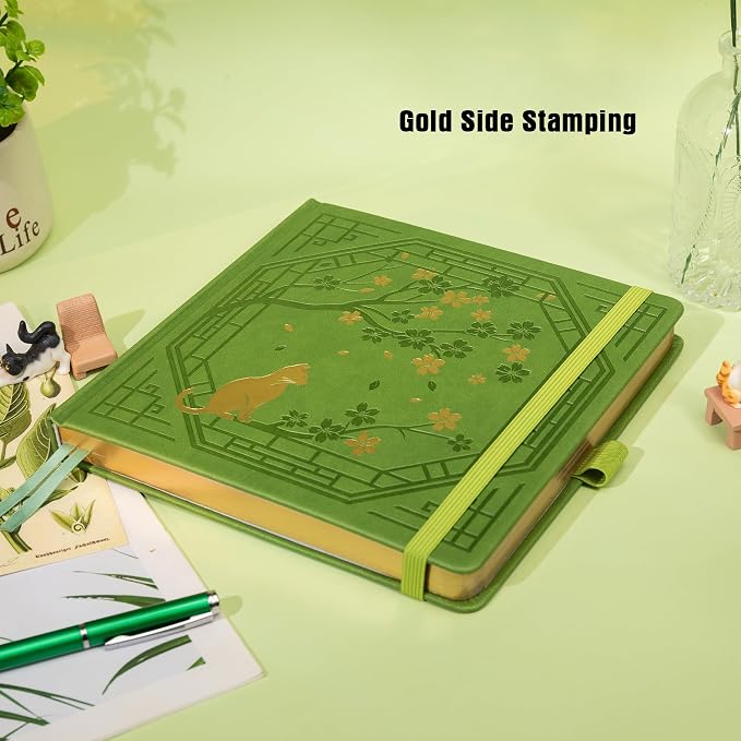 TIEFOSSI Square Dotted Journal, Cute Cat Journal for Women Girls, Dot Notebook with Pretty Sakura Pattern, Aesthetic Diary for Writing Journaling Drawing, Golden Edges, 8 x 8 IN