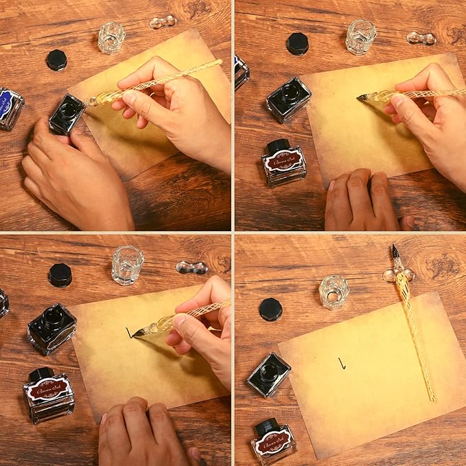 Calligraphy Pen Set，Vintage Fountain Wooden Glass Dip Pen Ink Writing Pen with 8 Colors of Ink 10 Types of Replaceable Nibs 2 Pen Holders Exquisite Present for Beginners