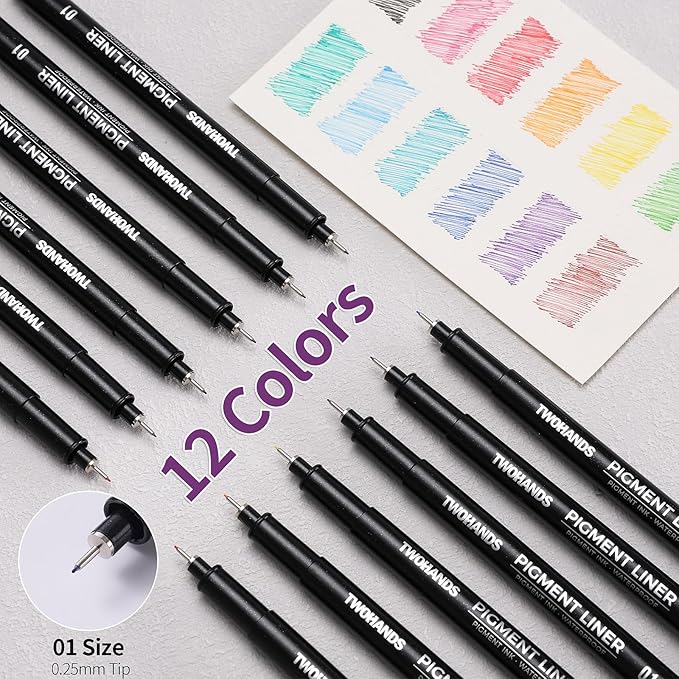 TWOHANDS Drawing Micro Art Pens Marker Pen Colors 01, Fineliner Ink Pens,Set of 12 Technical Drawing pen 0.25mm,Pigment Pen,colord,Waterproof,NO-bleed for Art Watercolor,Sketching,Anime,Manga, 21281