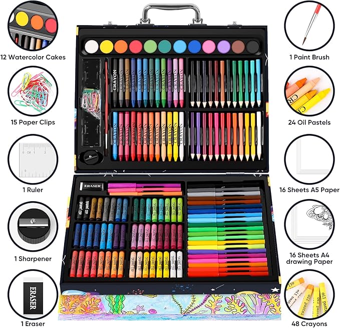 Soucolor 183-Pack Cute Preppy Stuff School Office Teacher Supplies: 48 ct Crayons, 24 Oil Pastels, 24 Drawing Pencils, Art Markers, Watercolor Cakes, Sketch Papers, Classroom Must Have, Stocking Stuff
