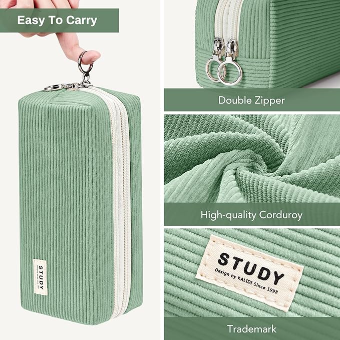 KALIDI Large Pencil Case Corduroy Pencil Pouch Box Cute School Supplies for Teen Girls Boys, Green