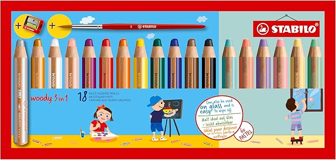 STABILO - woody 3-in-1 - Multi-Talented Pencil - Pack of 18 - with 10 Assorted Standard, 6 Pastel colors, Sharpener and Paint Brush