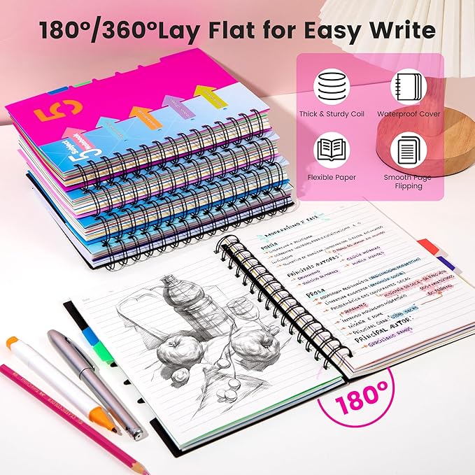 CAGIE 5 Subject Notebook, A5 Small Spiral Notebook with Removable Pocket Dividers Tabs, 240 Pages Spiral Note Book College Ruled for School Work Note taking, 6.1 * 8.27in, Rose Pink