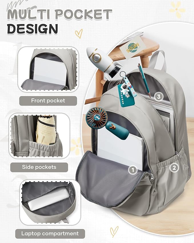 Small Grey Backpack for School Women Girls, Waterproof Bookbag Cute High School Backpack for Men Teen Boys, Lightweight Travel College Back Pack Mochilas Escolares para Casual Daypack