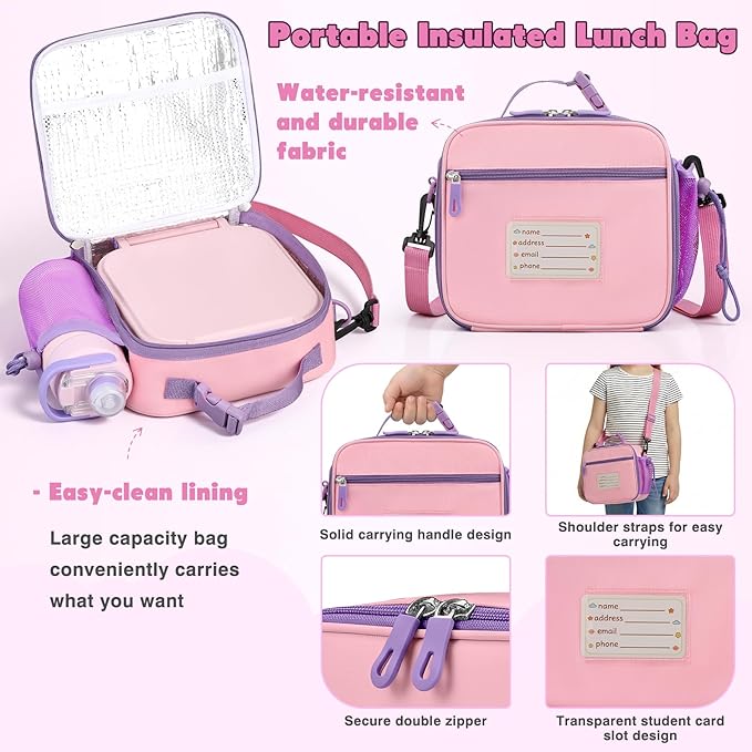 Bento Lunch Box for Kids with 7oz Soup Thermo,Insulated Stainless Steel Kids Water Bottle with Straw and Insulated Lunch Bag,Leak-Proof Lunch Food Container with Ice Pack for School (Pink)