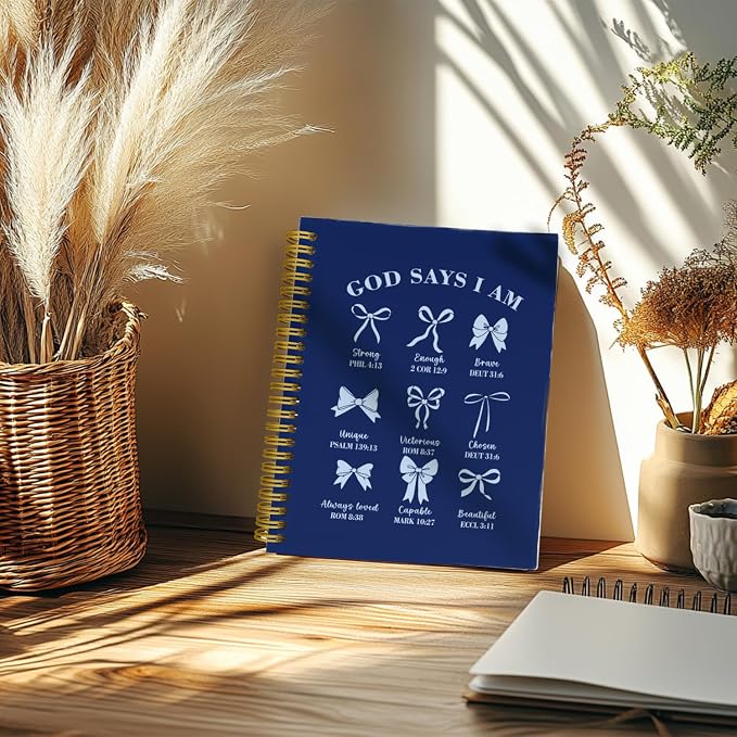 THDSE Bible Journal for Women, Christian Prayer Journal Notebook Gifts for Teen Girls Kids, Bible Study Supplies, Cute Bows Church Faith Journaling Hardcover Spiral Notebook 5.5 X 8.3(Navy Blue)